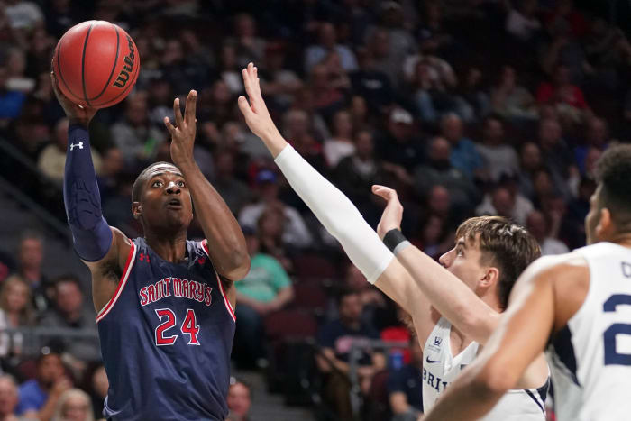 March 9, 2020; Las Vegas, NV, USA; Saint Mary's Gaels forward Malik Fitts (24) shoots the basketball against BYU Cougars guard Zac Seljaas (2) during the first half during the semifinal game in the WCC Basketball Championships at Orleans Arena. Mandatory Credit: Kyle Terada-USA TODAY Sports
